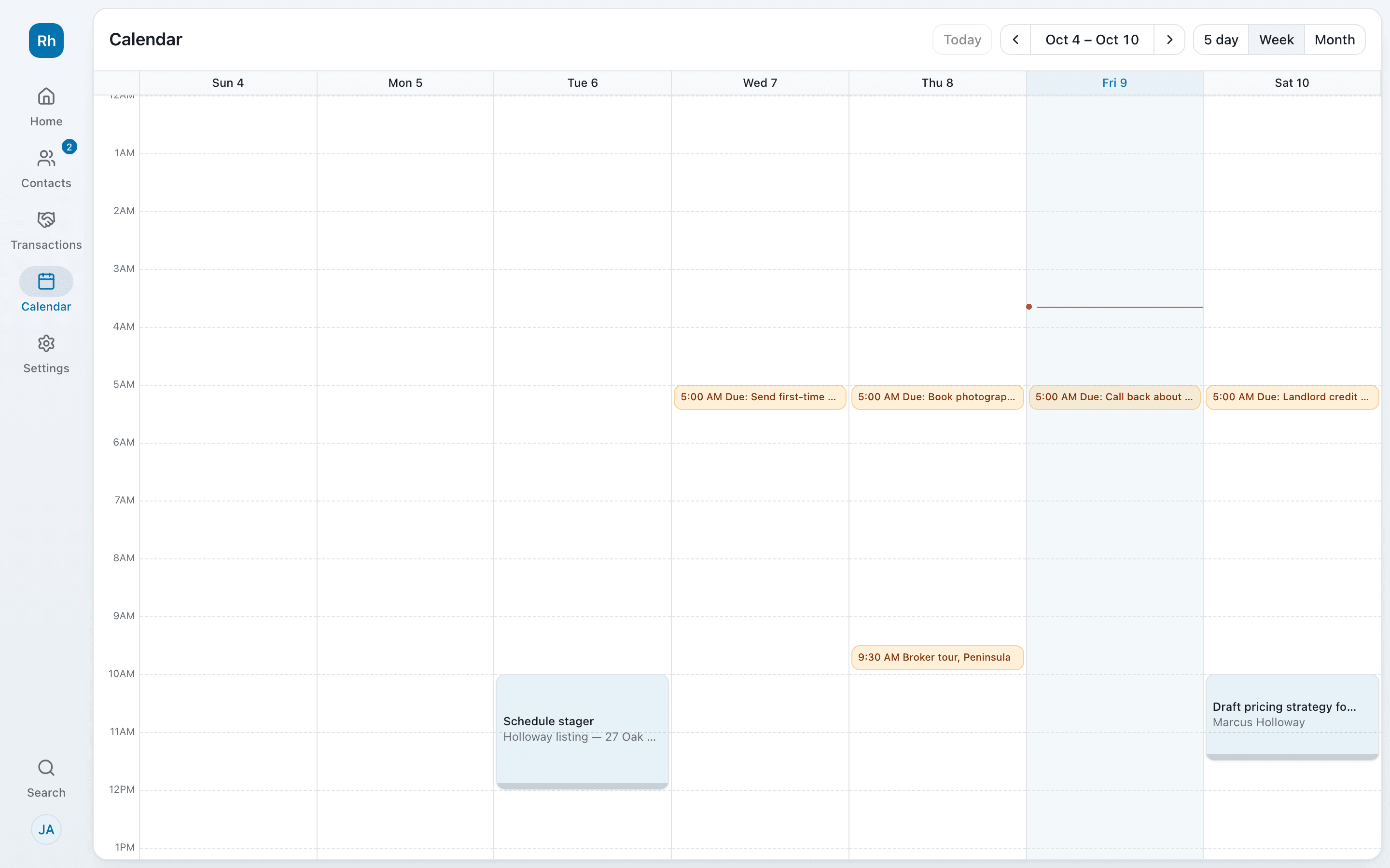 The week's calendar: task deadlines, a broker tour and a stager appointment